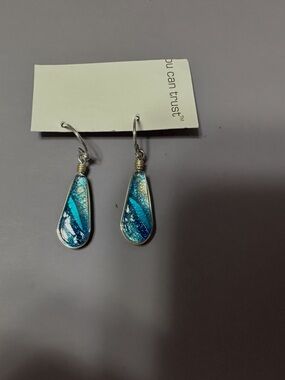 Blue & Silver Dichroic Glass Teardrop Dangle Earrings Never Worn